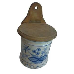 Vintage Blue Onion Salt Box Canister Wood Lid Wall Mount READ AS IS